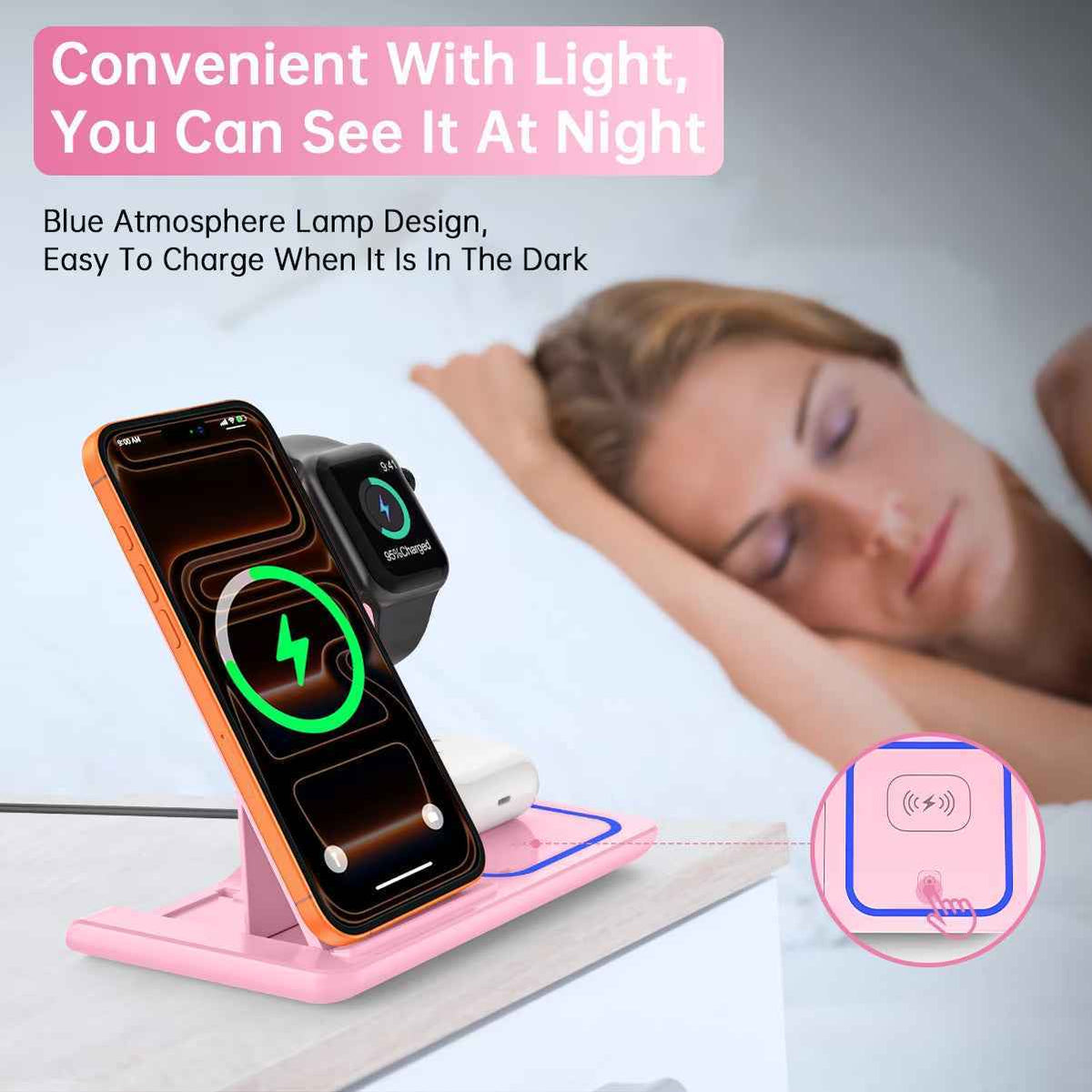 Upgrade Your Charging Game with the Stylish 3-in-1 Wireless Charger Station - Fast Charging for iPhone, Apple Watch, and AirPods in Chic Pink