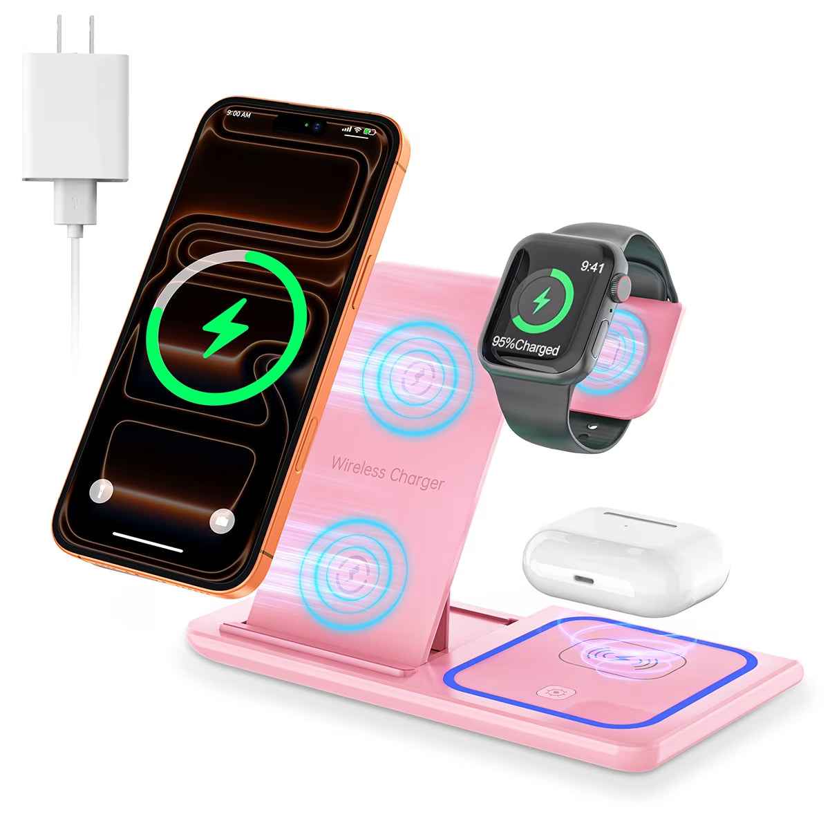 Upgrade Your Charging Game with the Stylish 3-in-1 Wireless Charger Station - Fast Charging for iPhone, Apple Watch, and AirPods in Chic Pink