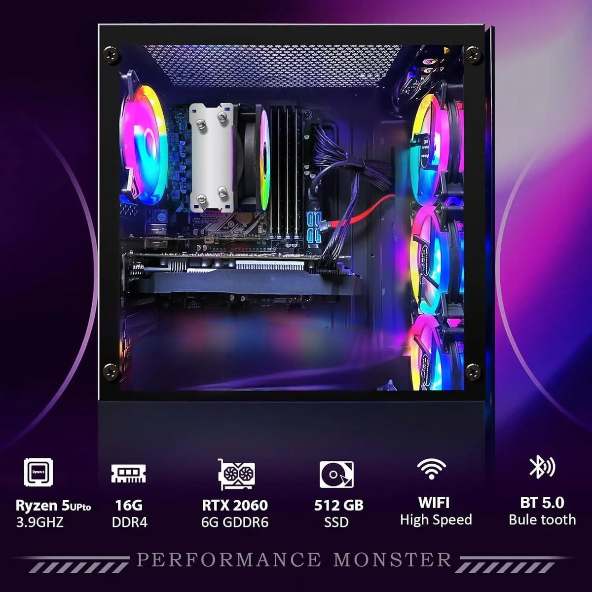 High-Performance Gaming Desktop PC - AMD Ryzen 5 2600, GeForce RTX 2060, 16GB RAM, 512GB SSD, WiFi 6, Bluetooth 5.0, RGB, Windows 11 Home