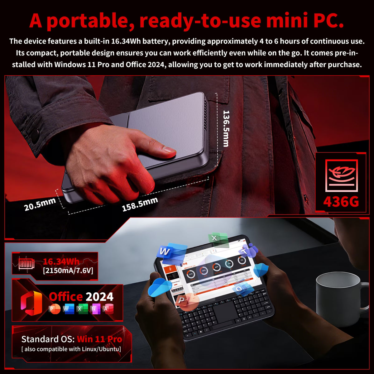 5.7" Mini Pc,Touchscreen Handheld Laptop Computer Window 11 Pro,Intel N95 up to 3.4Ghz,16Gb RAM 512GB Ssd,Backlit Keyboard,Dual Type-C,Hdmi 2.1 Dp,Small Portable PC