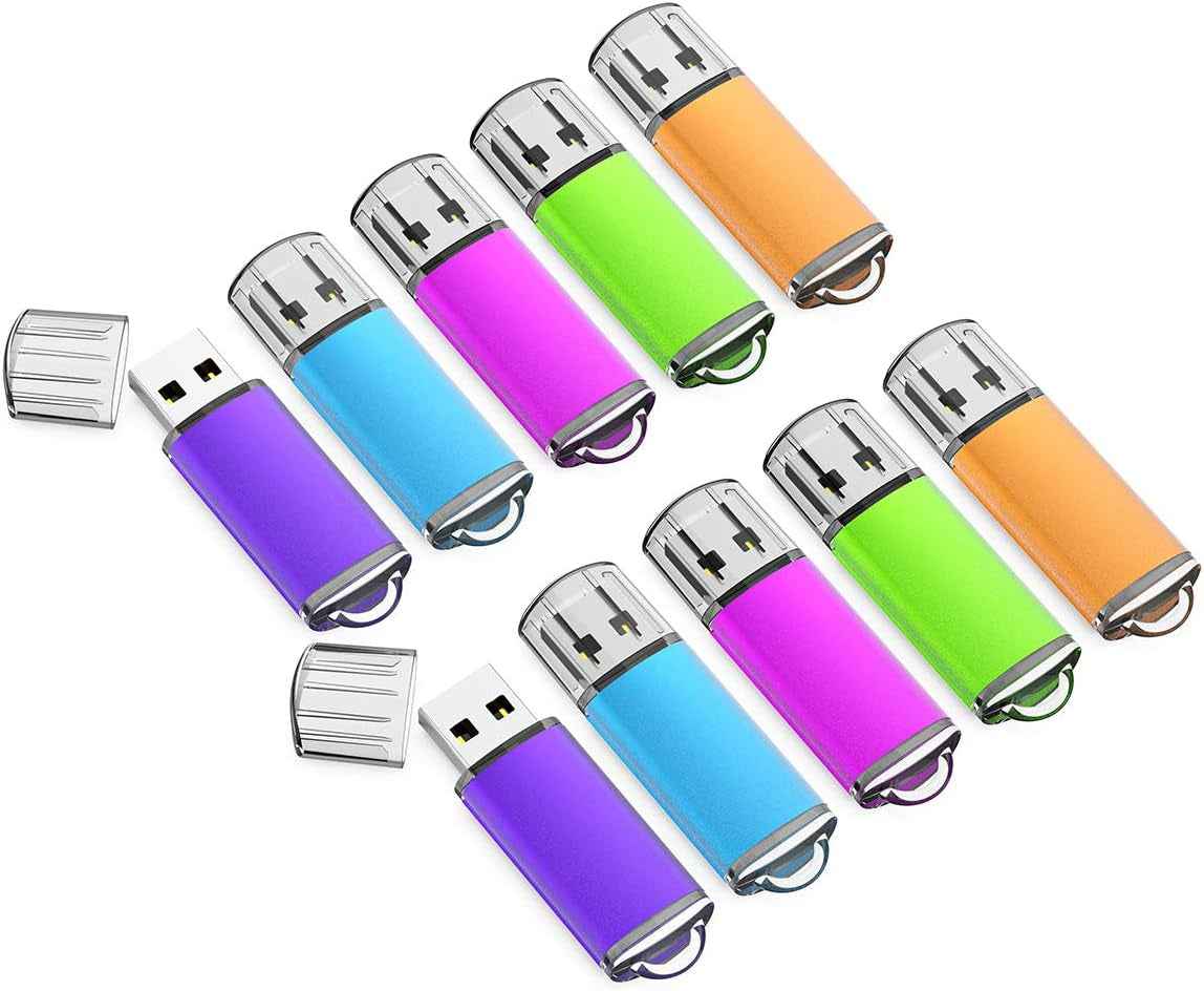 10-pack of colorful 32GB USB flash drives with protective caps and compact design