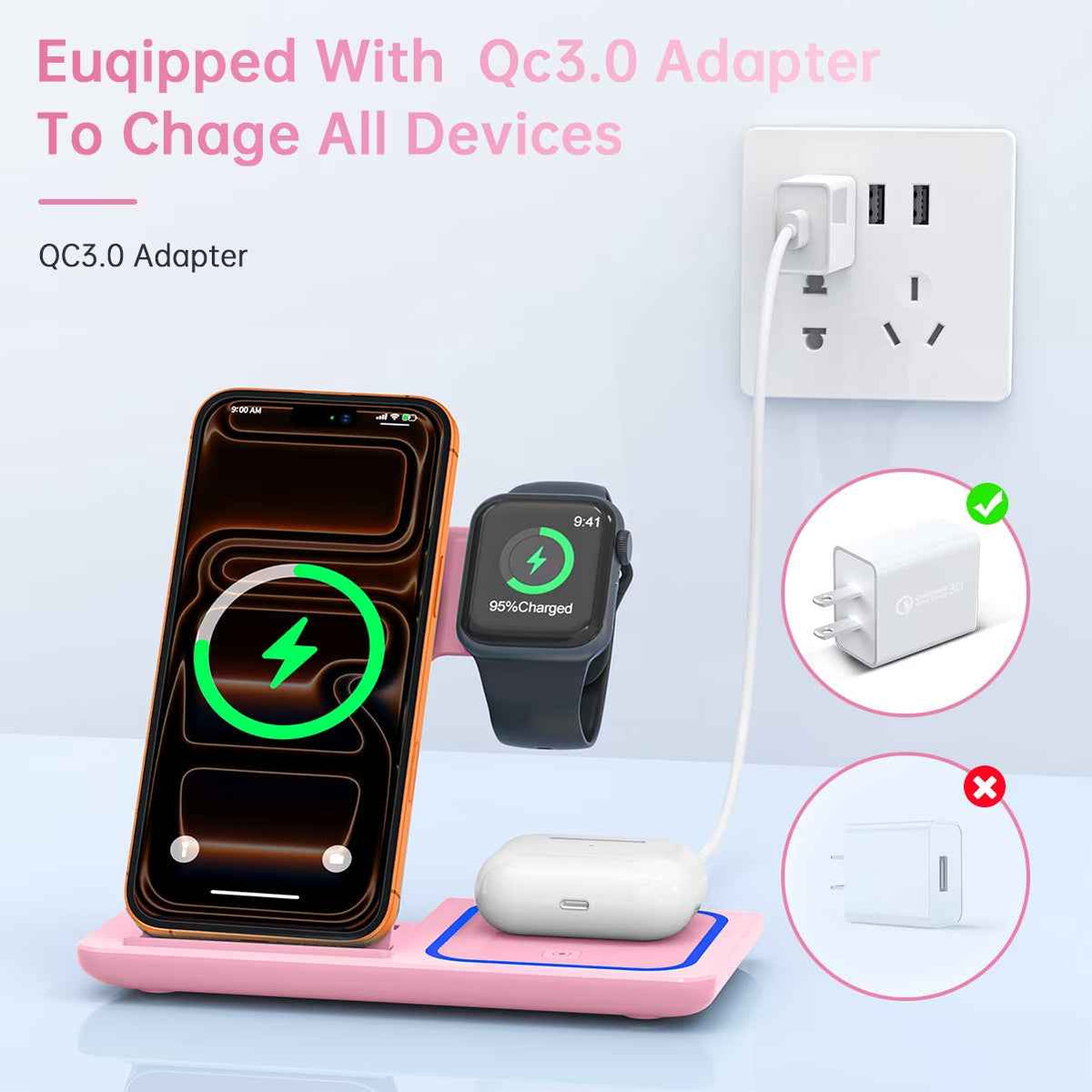 Upgrade Your Charging Game with the Stylish 3-in-1 Wireless Charger Station - Fast Charging for iPhone, Apple Watch, and AirPods in Chic Pink