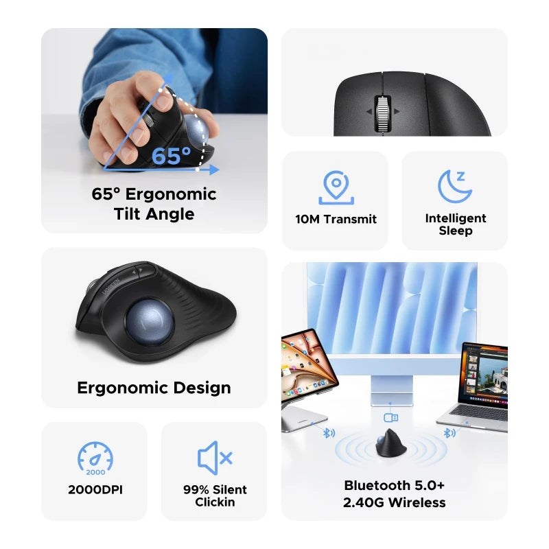 Revolutionary Ergonomic Trackball Mouse - Rechargeable Bluetooth & 2.4G Wireless with 2000 DPI for Ultimate Comfort and Precision