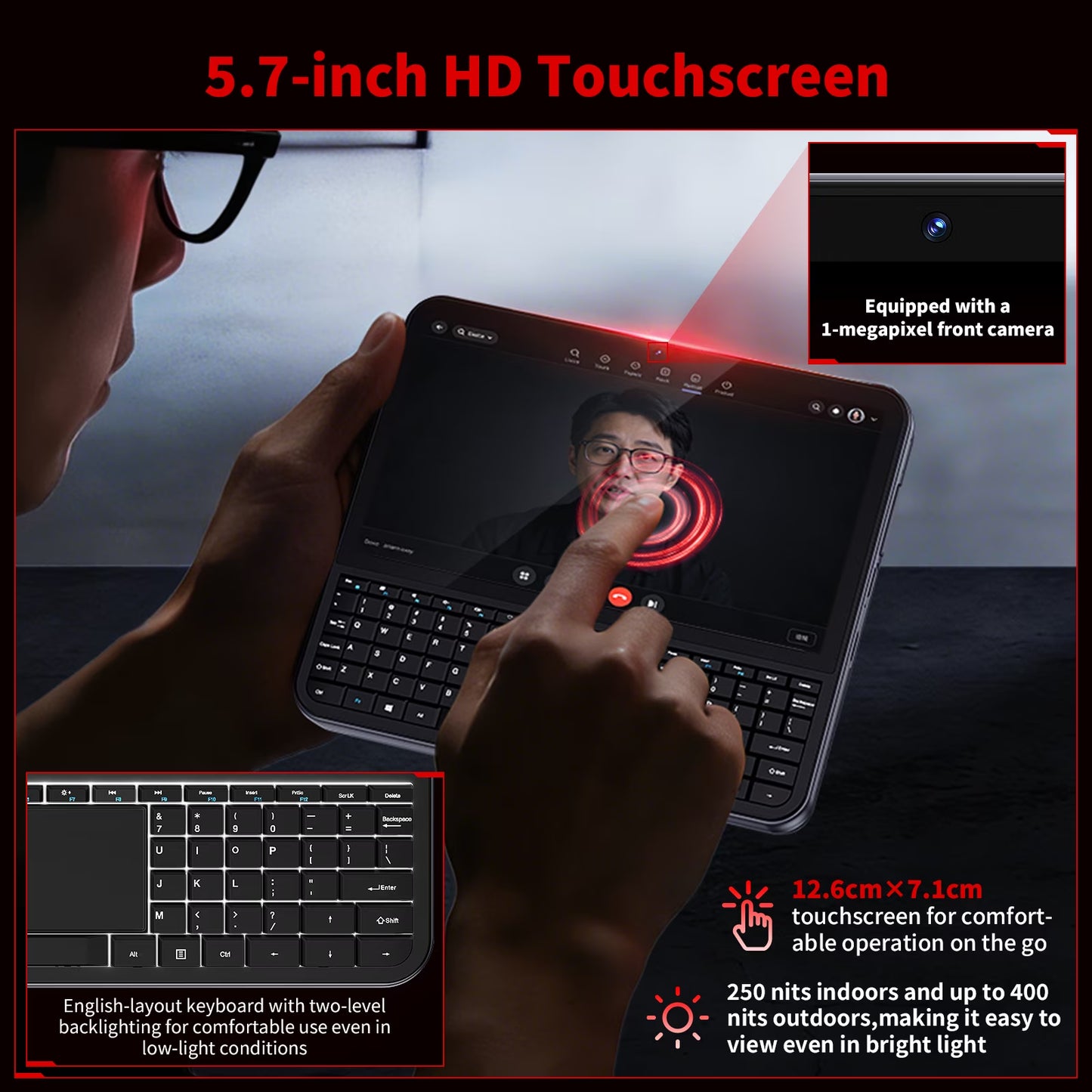 5.7" Mini Pc,Touchscreen Handheld Laptop Computer Window 11 Pro,Intel N95 up to 3.4Ghz,16Gb RAM 512GB Ssd,Backlit Keyboard,Dual Type-C,Hdmi 2.1 Dp,Small Portable PC