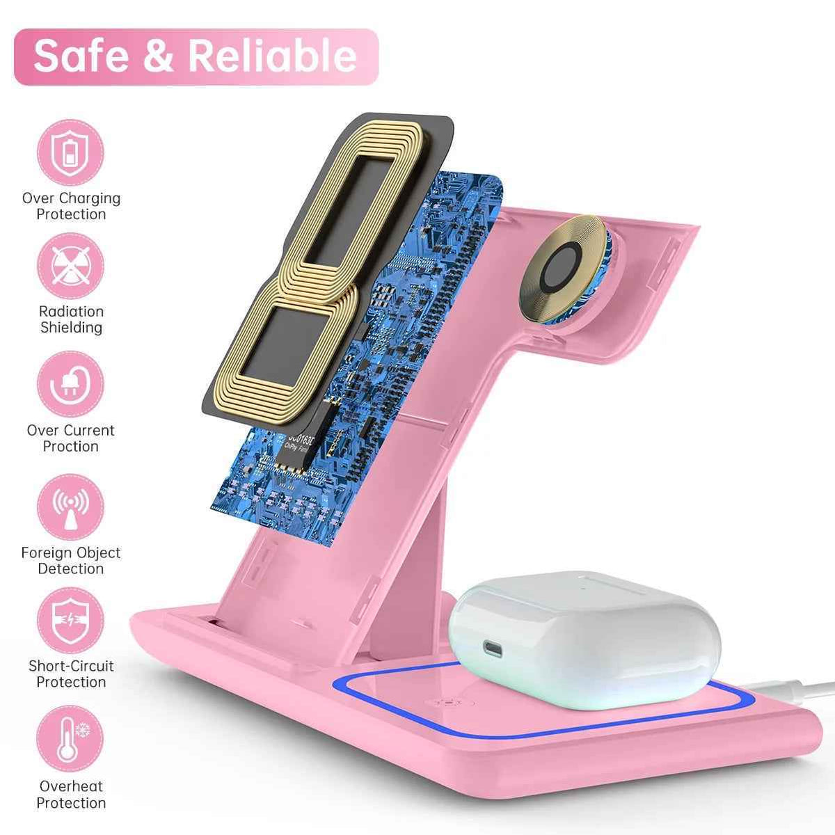 Upgrade Your Charging Game with the Stylish 3-in-1 Wireless Charger Station - Fast Charging for iPhone, Apple Watch, and AirPods in Chic Pink
