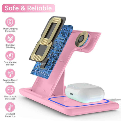Upgrade Your Charging Game with the Stylish 3-in-1 Wireless Charger Station - Fast Charging for iPhone, Apple Watch, and AirPods in Chic Pink
