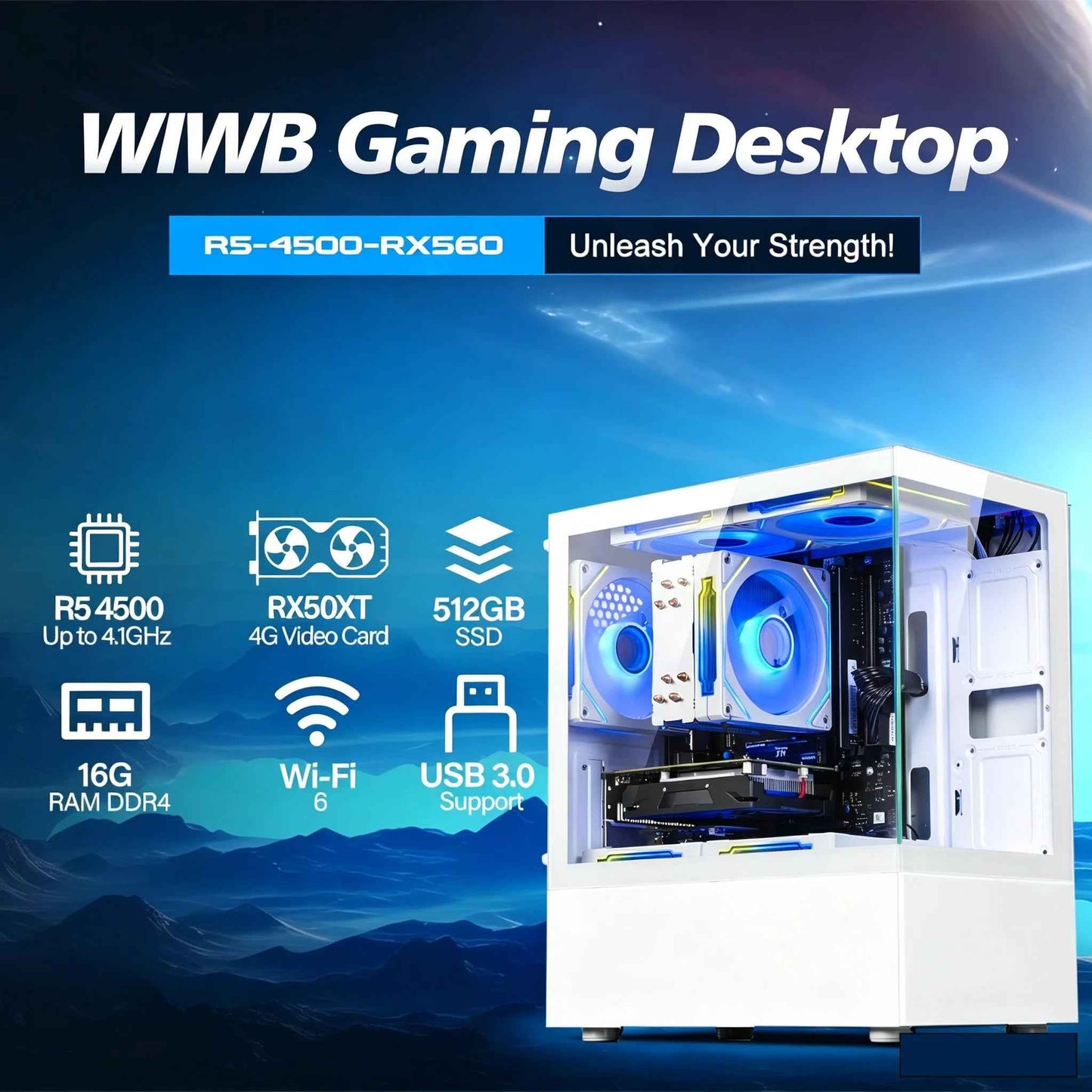 Elevate Your Skills with the High-Performance Gaming Desktop PC - AMD Ryzen 5, 16GB RAM, 512GB SSD, RX 560, WiFi 6