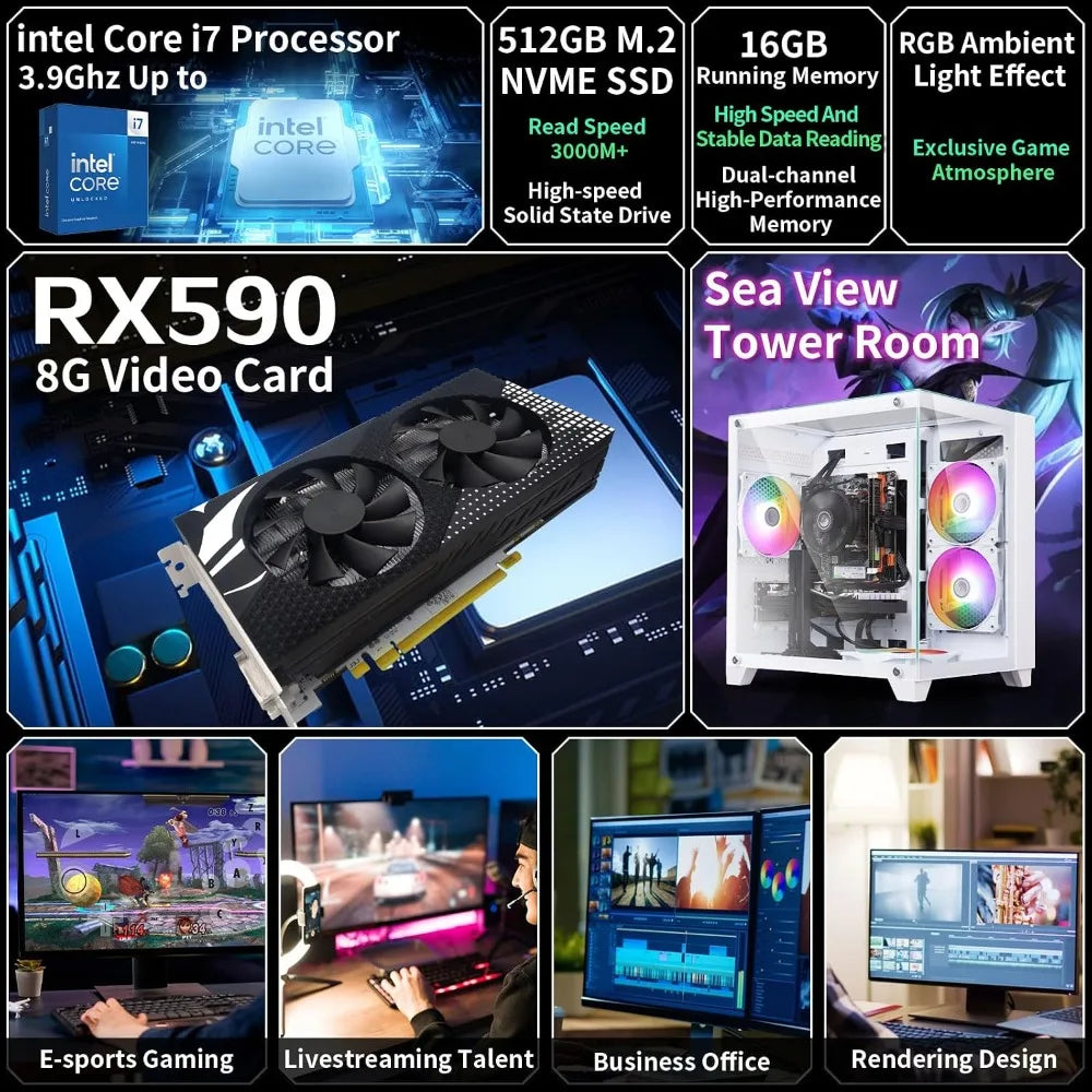 High-Performance Gaming PC - Intel Core i7, RX590 8GB, 16GB RAM, 512GB SSD, RGB Fans, WiFi 5.0