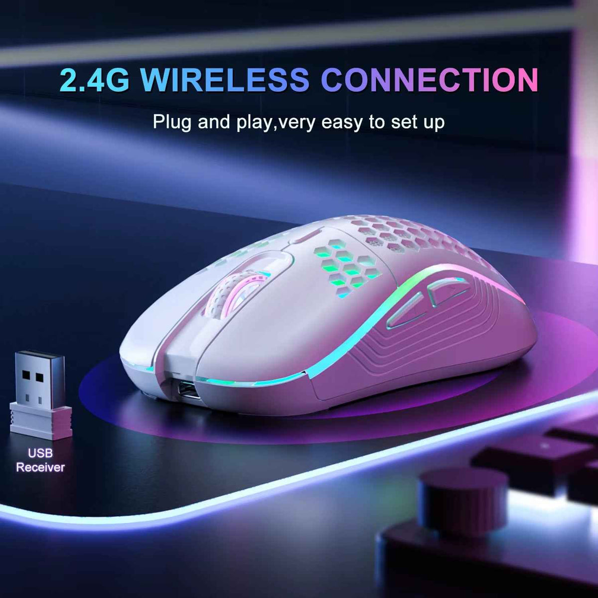 Unleash Your Gaming Potential with the Ergonomic RGB Wireless Gaming Mouse - Rechargeable Honeycomb Design, 6 Customizable Buttons & Adjustable 3-Speed DPI