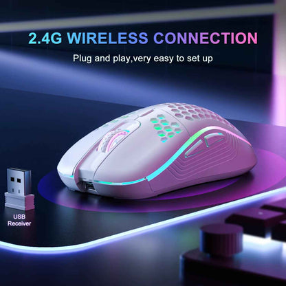 Unleash Your Gaming Potential with the Ergonomic RGB Wireless Gaming Mouse - Rechargeable Honeycomb Design, 6 Customizable Buttons & Adjustable 3-Speed DPI