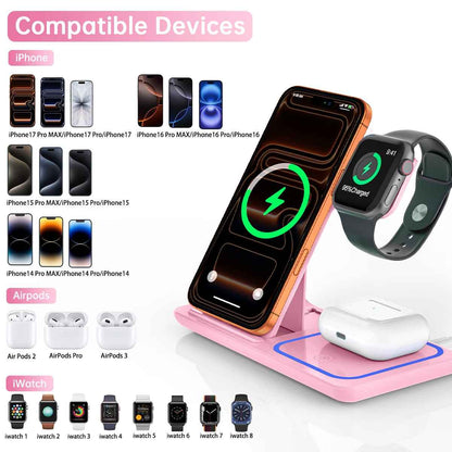 Upgrade Your Charging Game with the Stylish 3-in-1 Wireless Charger Station - Fast Charging for iPhone, Apple Watch, and AirPods in Chic Pink