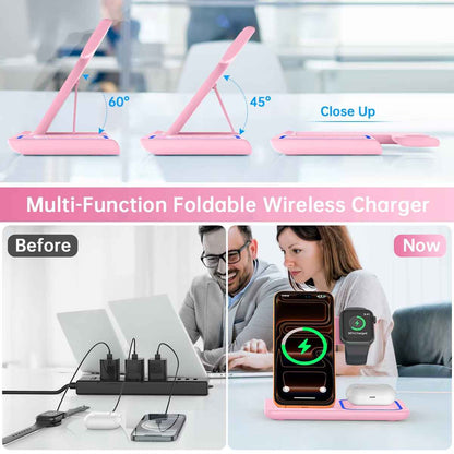 Upgrade Your Charging Game with the Stylish 3-in-1 Wireless Charger Station - Fast Charging for iPhone, Apple Watch, and AirPods in Chic Pink