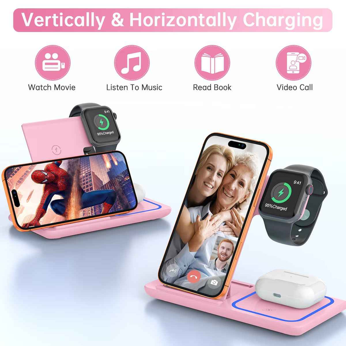 Pink 3-in-1 wireless charging station showing vertical and horizontal phone charging with Apple Watch and AirPods
