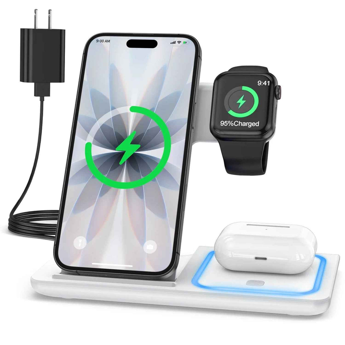 Revolutionary 3-in-1 Wireless Charging Station with Soothing Breathing Indicator - Fast Charge Your iPhone, Apple Watch, and AirPods Effortlessly