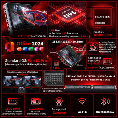 5.7" Mini Pc,Touchscreen Handheld Laptop Computer Window 11 Pro,Intel N95 up to 3.4Ghz,16Gb RAM 512GB Ssd,Backlit Keyboard,Dual Type-C,Hdmi 2.1 Dp,Small Portable PC