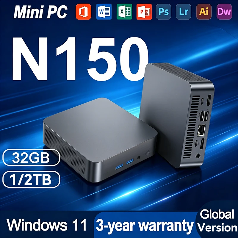 Powerful Mini PC with Intel N150 - Portable Gaming and Office Solution with 16GB/32GB RAM and 1TB/2TB SSD, Windows 11 Pro, Triple 4K Display Support.