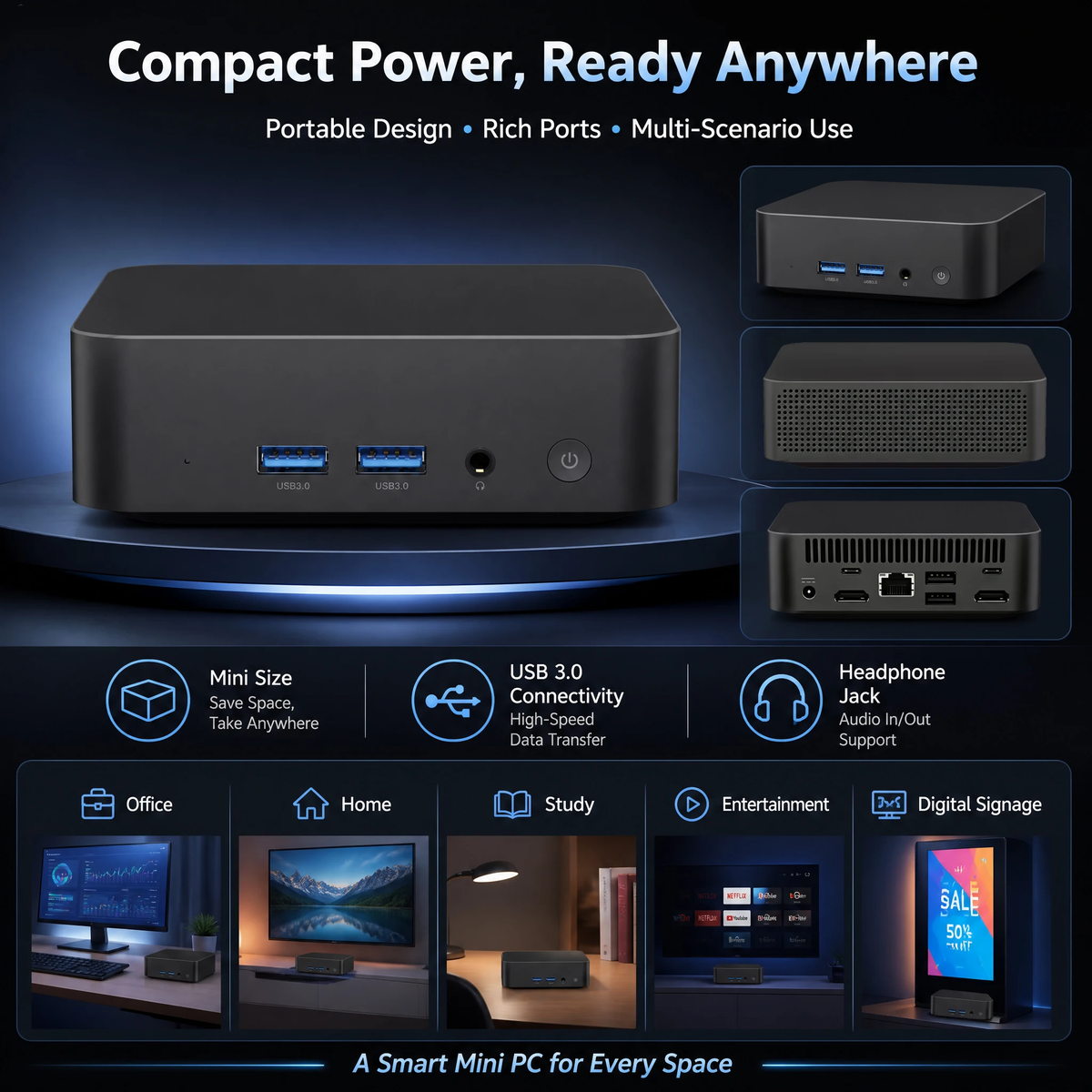 Powerful Mini PC with Intel N150 - Portable Gaming and Office Solution with 16GB/32GB RAM and 1TB/2TB SSD, Windows 11 Pro, Triple 4K Display Support.