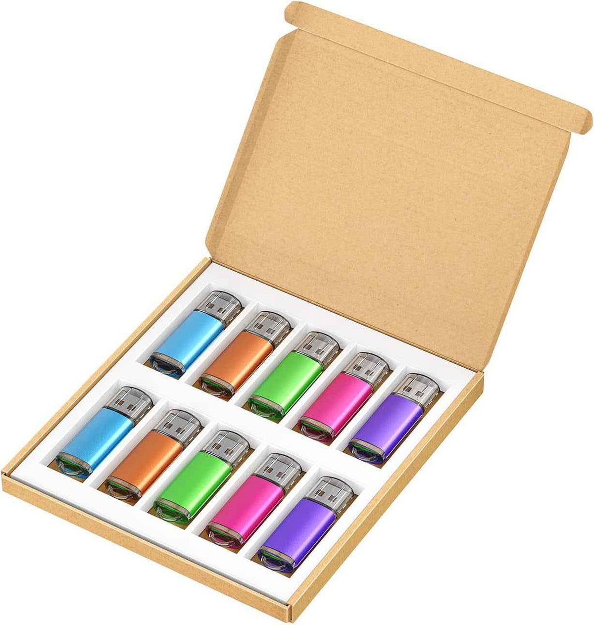 Colorful 32GB USB flash drives arranged in a storage box with protective caps