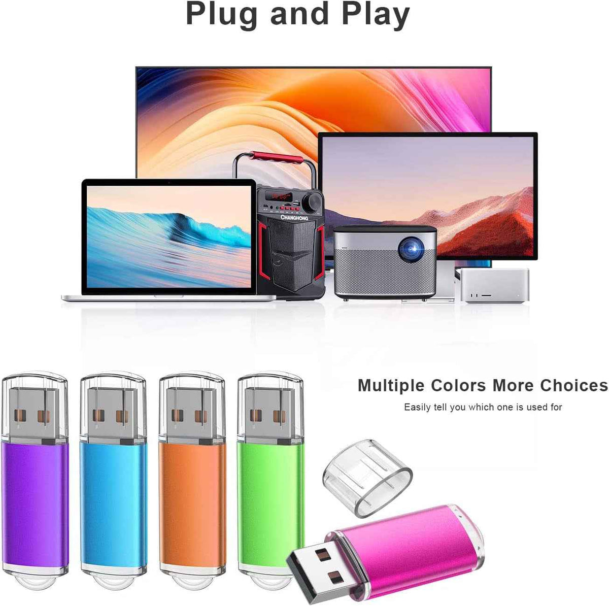 Colorful 32GB USB flash drives showing plug-and-play compatibility with computers and devices