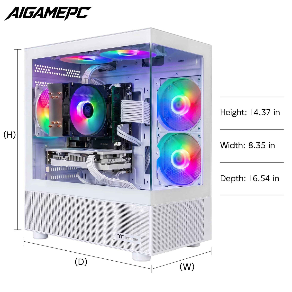 White Intel Core i7 Gaming PC showing labeled height, width, and depth dimensions