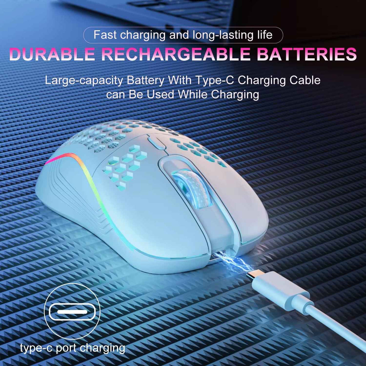 Unleash Your Gaming Potential with the Ergonomic RGB Wireless Gaming Mouse - Rechargeable Honeycomb Design, 6 Customizable Buttons & Adjustable 3-Speed DPI
