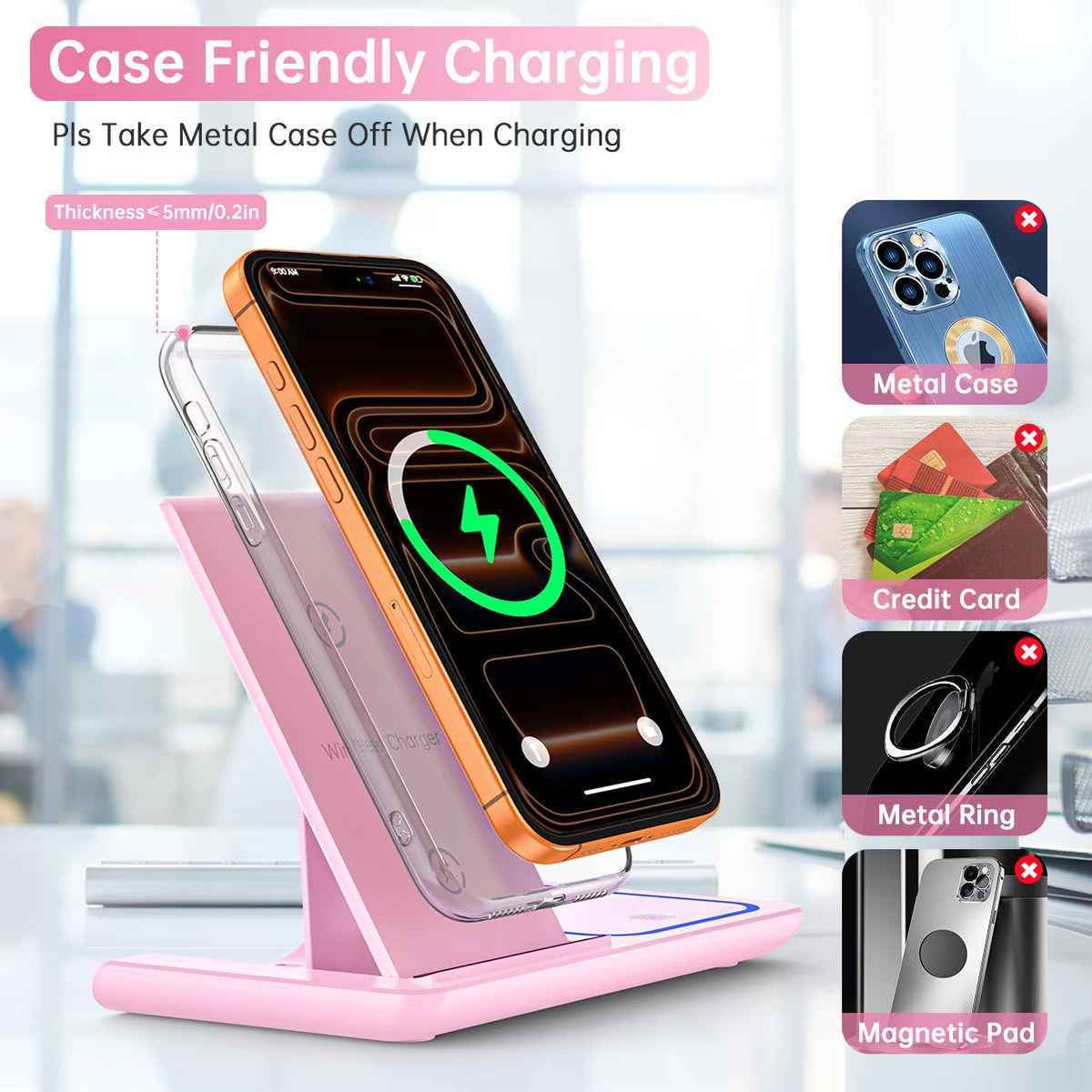 Upgrade Your Charging Game with the Stylish 3-in-1 Wireless Charger Station - Fast Charging for iPhone, Apple Watch, and AirPods in Chic Pink