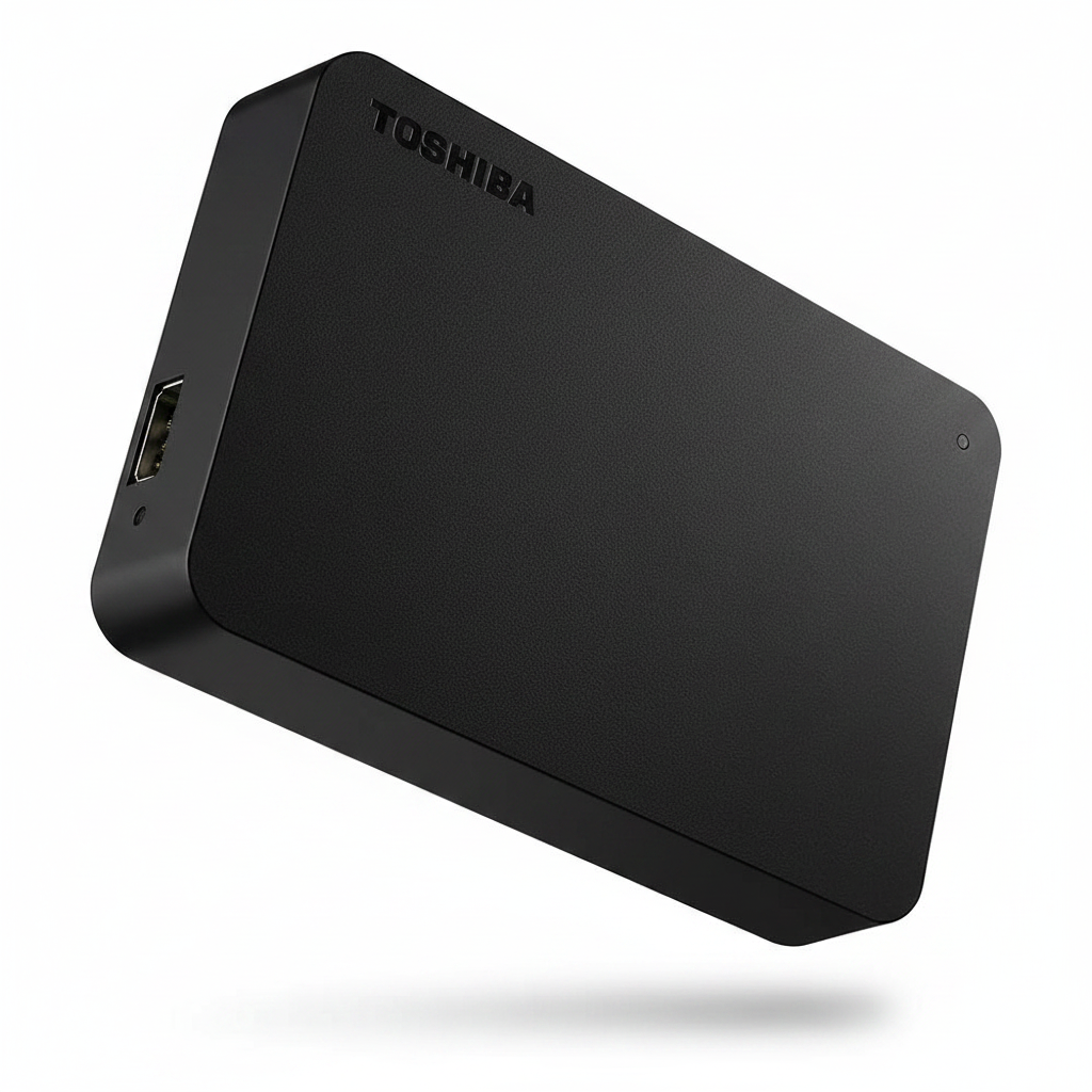 Canvio Basics 4TB hard drive tilted angle showing USB port